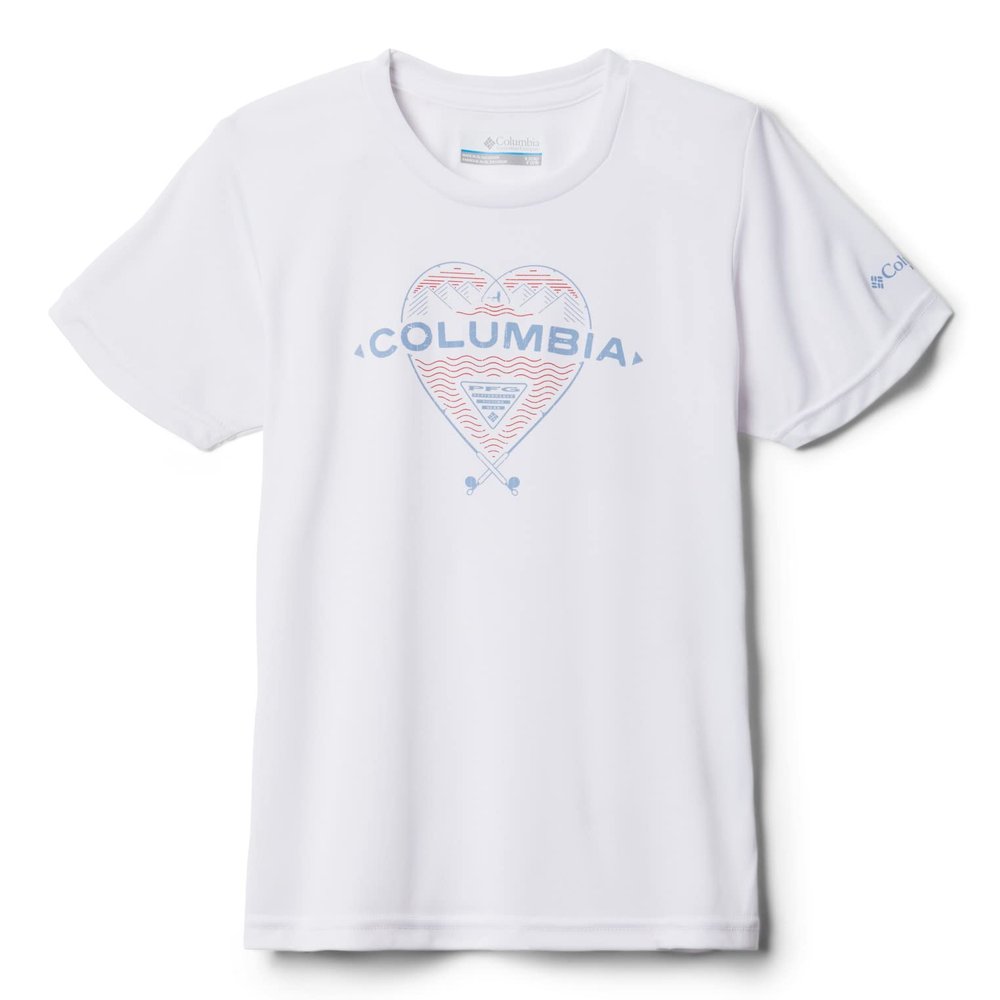 Columbia Youth Girls Tidal Tee PFG Heart Short Sleeve, White/Bluestone, Small