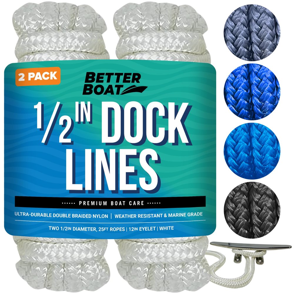 Dock Lines for Boats 1/2" x 25ft, 2 Pack Double Braided Nylon Boat Rope with 12" Loop, Marine Grade Mooring Line for Docking, White - Better Boat