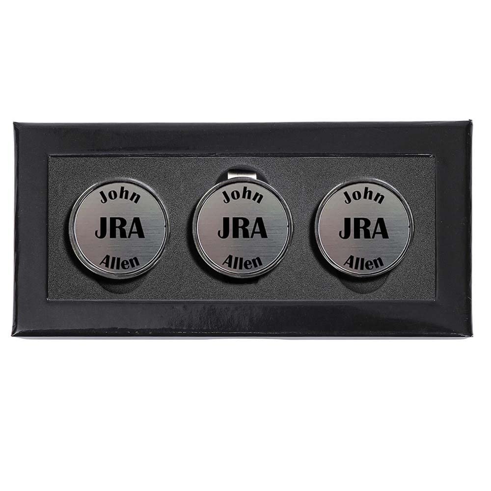 Personalized Hat Clip Golf Ball Marker Set~3 Finishes~9Engraving Styles (Pewter-Initials w/Text)