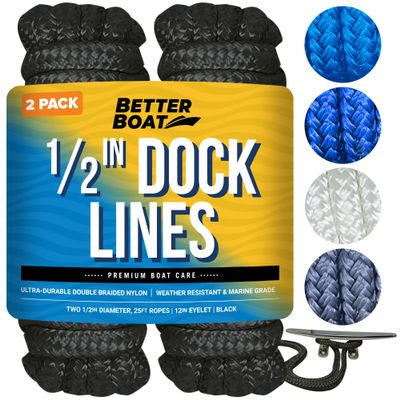 Dock Lines for Boats 1/2" x 25ft, 2 Pack Double Braided Nylon Boat Rope with 12" Loop, Marine Grade Mooring Line for Docking, Black - Better Boat