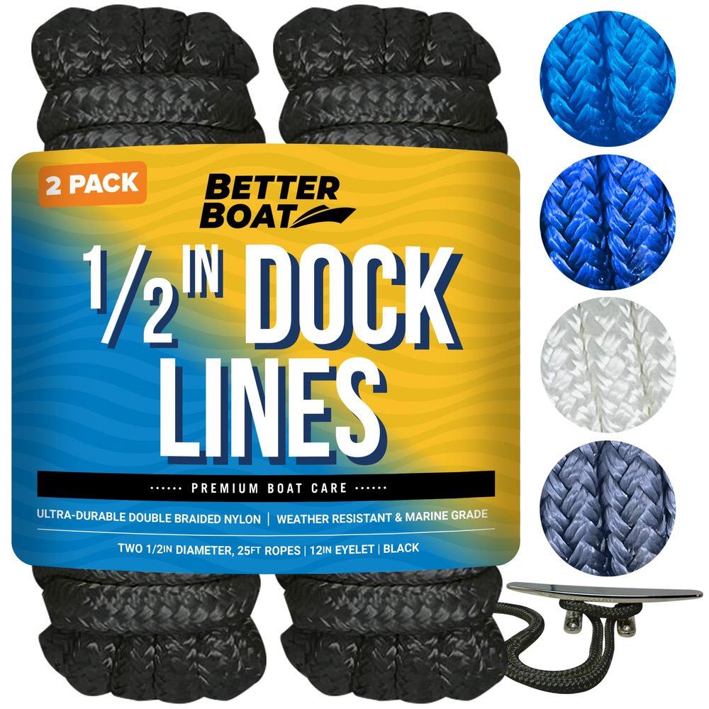 Dock Lines for Boats 1/2" x 25ft, 2 Pack Double Braided Nylon Boat Rope with 12" Loop, Marine Grade Mooring Line for Docking, Black - Better Boat