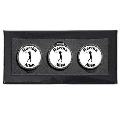 Personalized Hat Clip Golf Ball Marker Set~3 Finishes~9Engraving Styles (White-Female Golfer)
