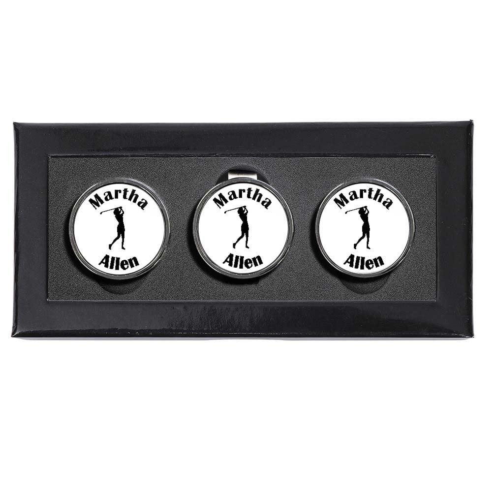 Personalized Hat Clip Golf Ball Marker Set~3 Finishes~9Engraving Styles (White-Female Golfer)