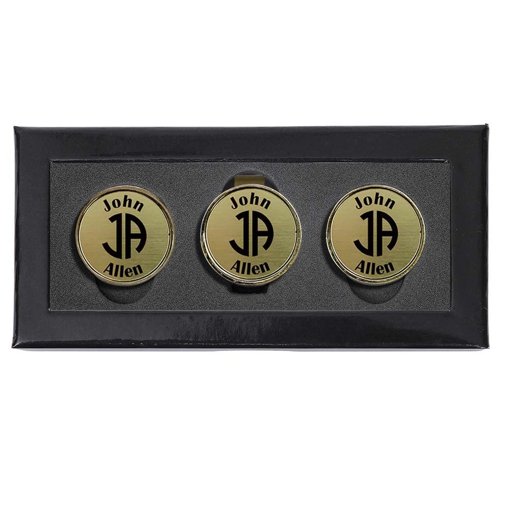 Personalized Hat Clip Golf Ball Marker Set~3 Finishes~9Engraving Styles (Brass-2 Letter Monogram w/Text)