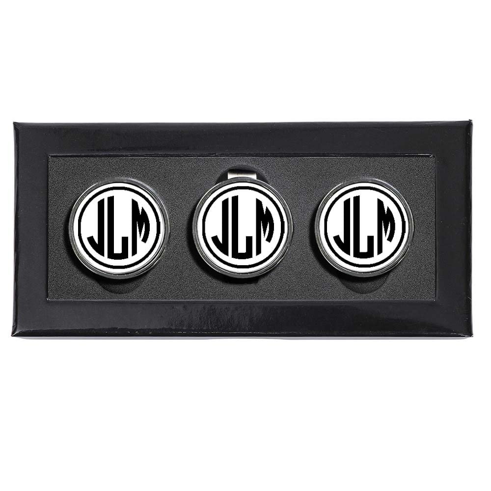 Personalized Hat Clip Golf Ball Marker Set~3 Finishes~9Engraving Styles (White-3 Letter Monogram)
