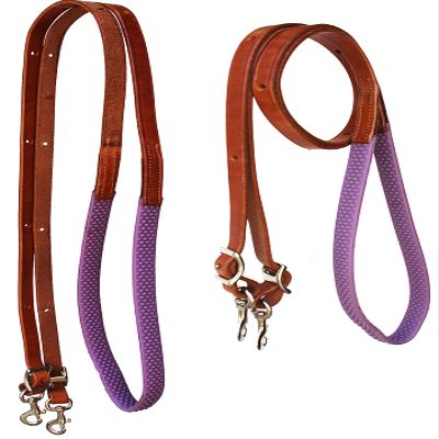 CHALLENGER Horse Western 8' Tan Leather Rubber Grip Contest Barrel Reins Purple 805LR11PR