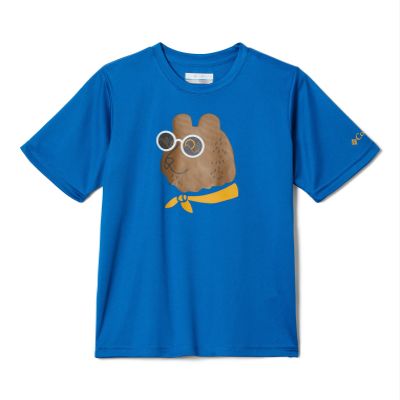 Columbia Youth Boys Grizzly Ridge Short Sleeve Graphic Shirt, Bright Indigo Bearly Shades, Large