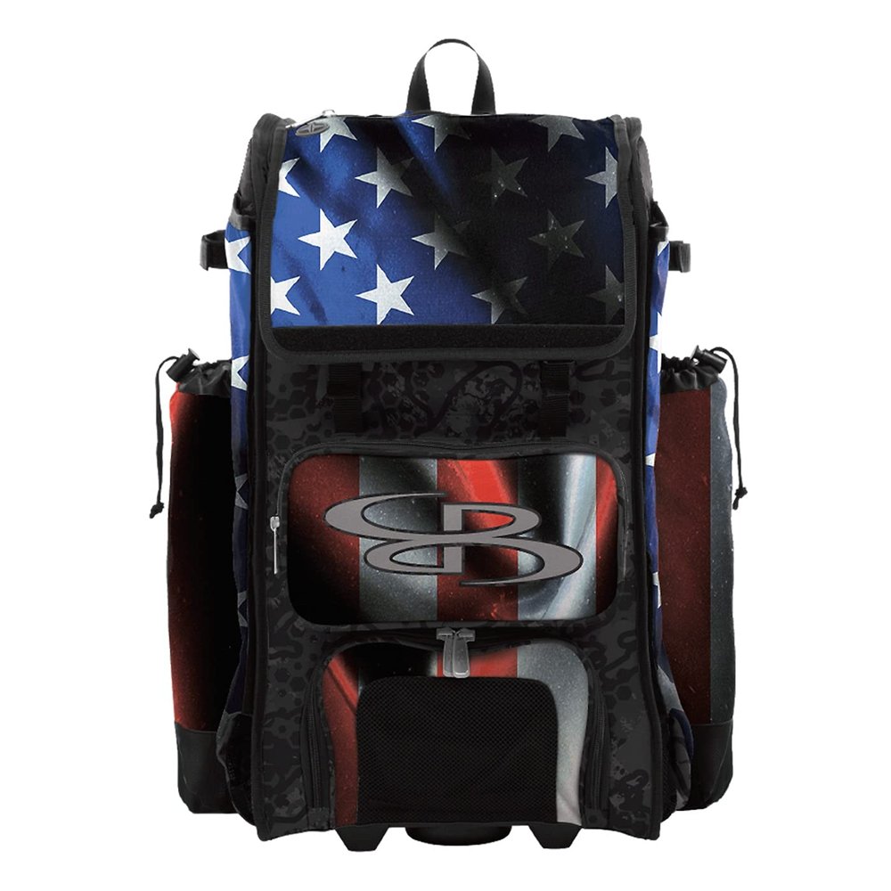 Boombah Catchers Superpack Hybrid Rolling Bat Bag - USA Black Ops Black/Royal Blue/Red - Wheeled & Backpack Version