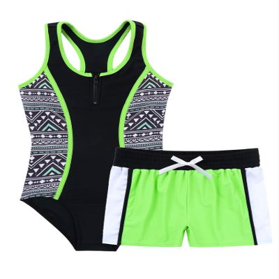 YONGHS Kids Girls Summer Swimsuit Bikinis Swimwear Tankinis Jumpsuit with Boyshorts 2Pcs Bathing Suit Fluorescent Green 14