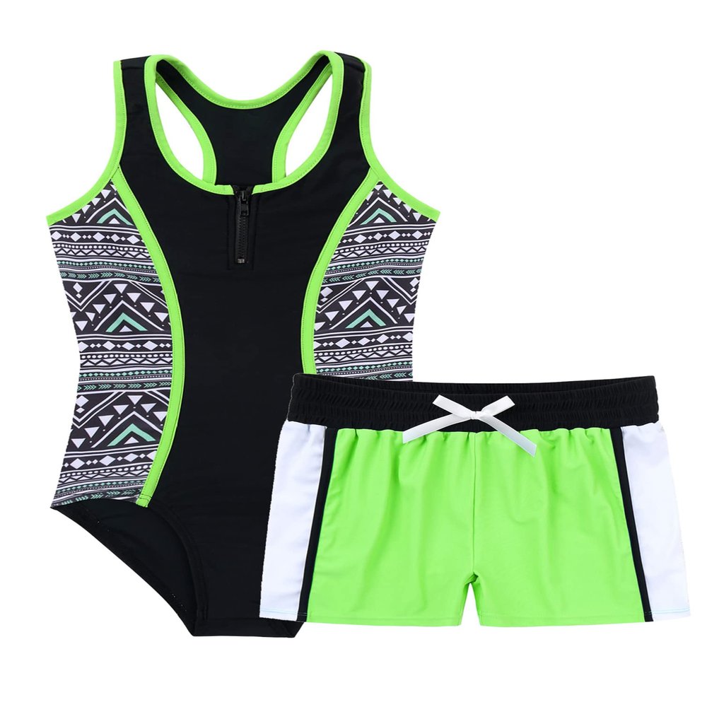 YONGHS Kids Girls Summer Swimsuit Bikinis Swimwear Tankinis Jumpsuit with Boyshorts 2Pcs Bathing Suit Fluorescent Green 14