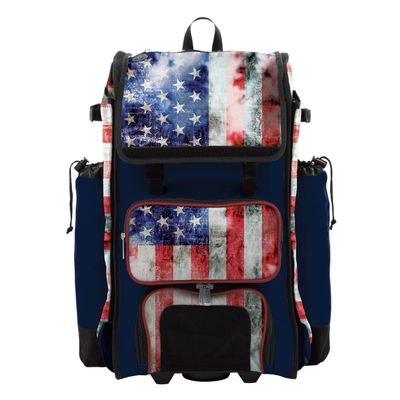 Boombah Catchers Superpack Hybrid Rolling Bat Bag - USA Old Glory Navy/Red/White - Wheeled & Backpack Version