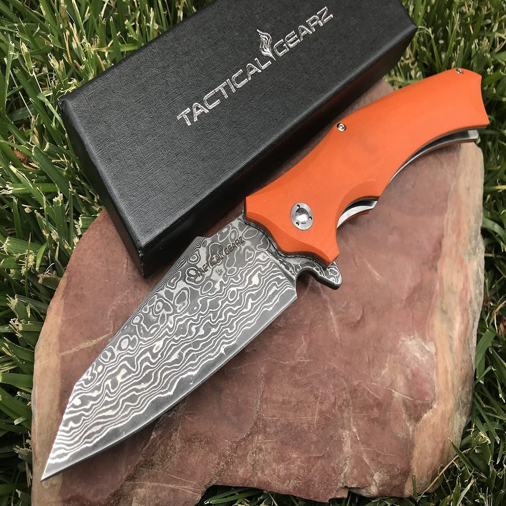 TACTICAL GEARZ Damascus Pocket Knife, G10 Handle, 67 Multi Layered Damascus Steel Blade & VG10 Core, Includes Sheath (Vex XT Saffron)