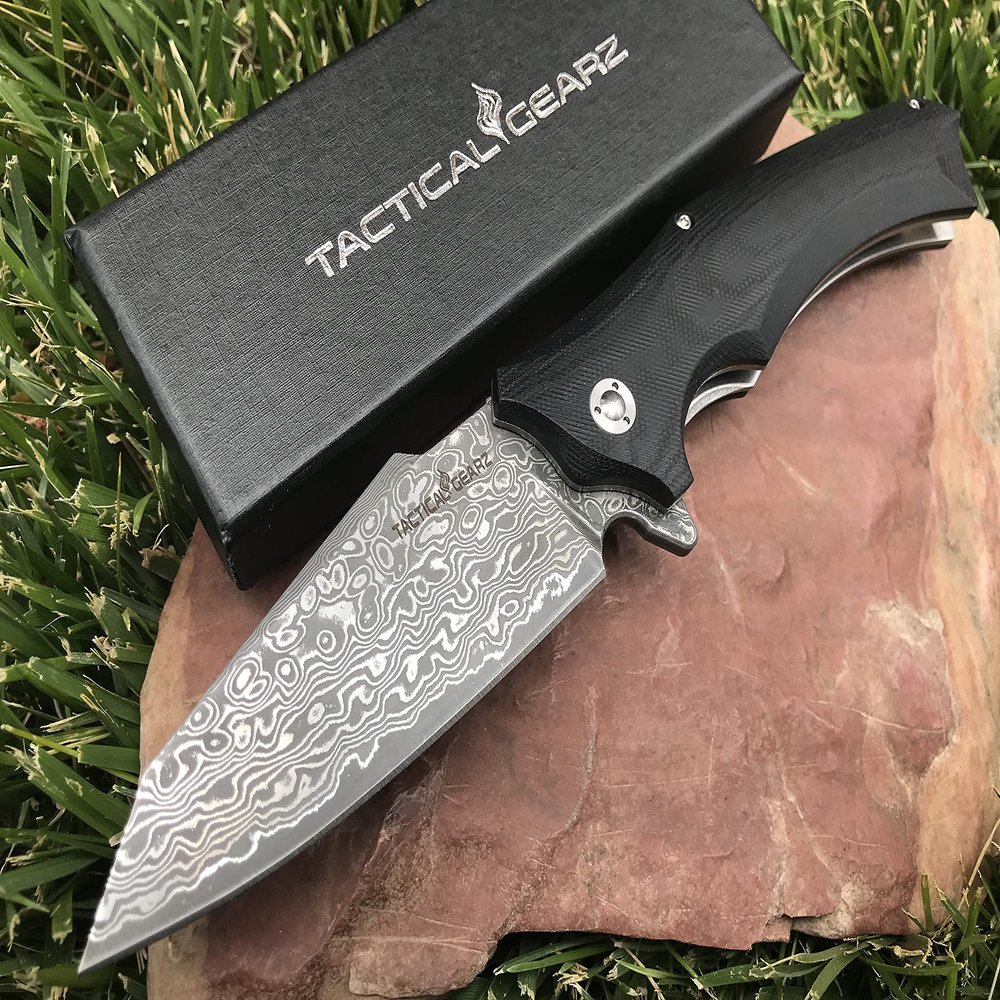 TACTICAL GEARZ Damascus Steel Pocket Knife - EDC Folding Knife with G10 Handle - 67 Layer Damascus Blade Everyday Carry Knife (Vex XT Blk)
