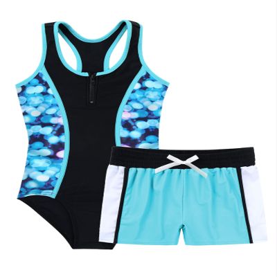 YONGHS Kids Girls Summer Swimsuit Bikinis Swimwear Tankinis Jumpsuit with Boyshorts 2Pcs Bathing Suit Blue 14