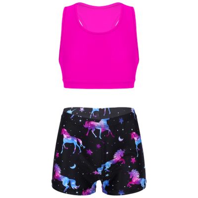 Moggemol Kids Girls 2 Piece Gymnastics/Dance/Sports Outfits Crop Tank Tops and Shorts Tankinis Athletic Swimsuit Dark Night Black 8-10