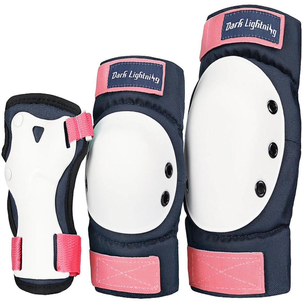 Dark Lightning Kids/Junior/Youth Knee Pads Elbow Pads Wrist Guards 3 in 1 Protective Gear, for Skateboard,Roller Skate,Inline,Cycling,MTB Bike,Scooter(Pink,M)