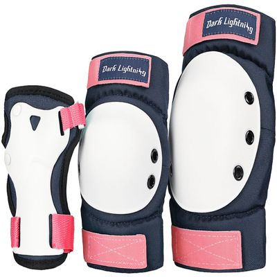 Dark Lightning Kids/Junior/Youth Knee Pads Elbow Pads Wrist Guards 3 in 1 Protective Gear, for Skateboard,Roller Skate,Inline,Cycling,MTB Bike,Scooter(Pink,L)