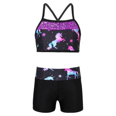 Moggemol Kids Girls Summer 2 Piece Sports Outfits Shiny Crop Top with Booty Shorts for Swimming/Gymnastics/Dance Dark Night Black 4