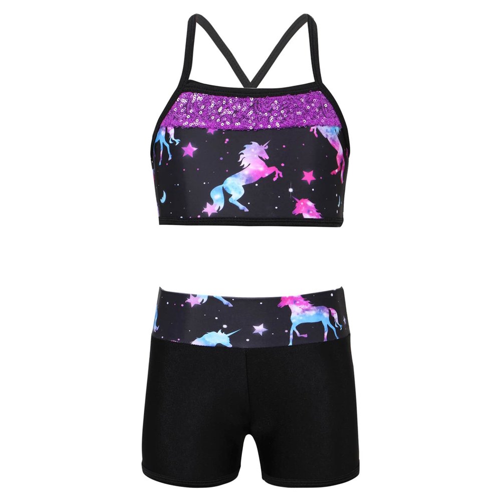 Moggemol Kids Girls Summer 2 Piece Sports Outfits Shiny Crop Top with Booty Shorts for Swimming/Gymnastics/Dance Dark Night Black 4
