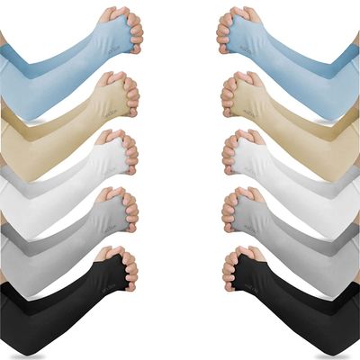 SPENCER 5 Pairs UV Protection Cooling Arm Sleeves, Sun Protection Sleeves for Men Women Youth, Mixed Colors(Black/Gray/Blue/Light Beige/White)