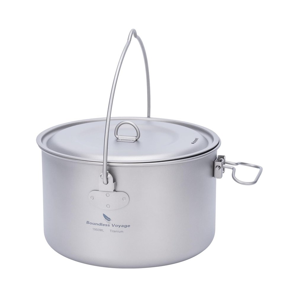 Boundless Voyage Titanium Hanging Pot for Outdoor Camping Backpacking Hiking Ultralight Portable Cooking Pot Camp Kitchen Cookware 1300ML/1950ML/2900ML (1950ml (65 fl oz))