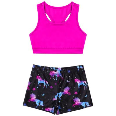 Moily Kids Girls Gymnastics/Dance/Sports Two Piece Outfit Racer Back Crop Top with Booty Shorts Swimwear Dark Night Black 8-10