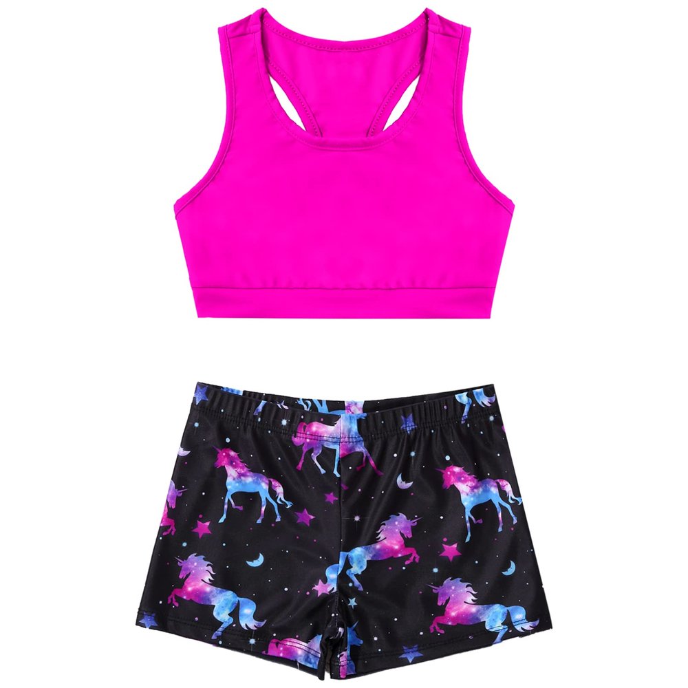 Moily Kids Girls Gymnastics/Dance/Sports Two Piece Outfit Racer Back Crop Top with Booty Shorts Swimwear Dark Night Black 8-10