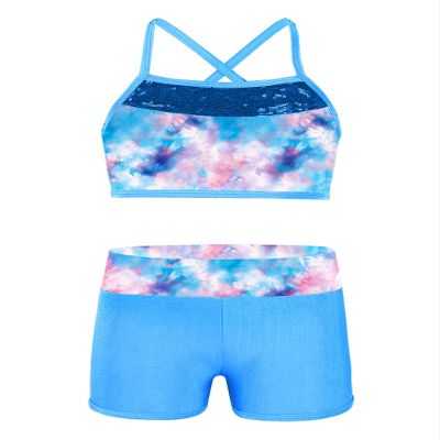 Moily Kids Girls Mermaid 2 Pcs Tankini Metallic Criss Cross Back Crop Top with Booty Shorts Dance/Party Set Sea Sky Pink 10