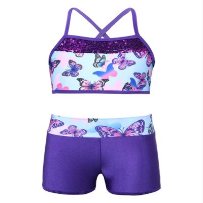 Moily Kids Girls Mermaid 2 Pcs Tankini Metallic Criss Cross Back Crop Top with Booty Shorts Dance/Party Set Swallowtail Blue 12