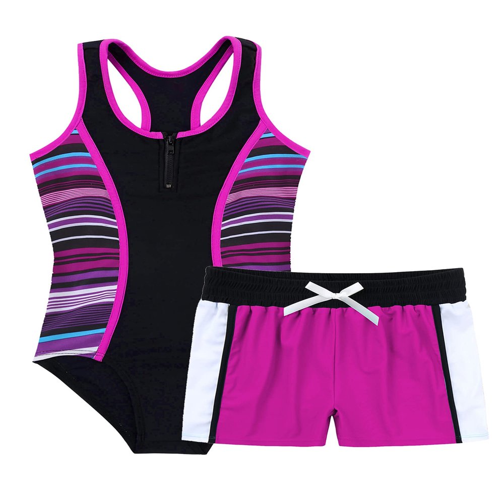 renvena Girl's 2 Piece Tankini Sets Front Zipper Swim Bodysuit with Shorts Bathing Suit Swimwear Beachwear Rose Red 14