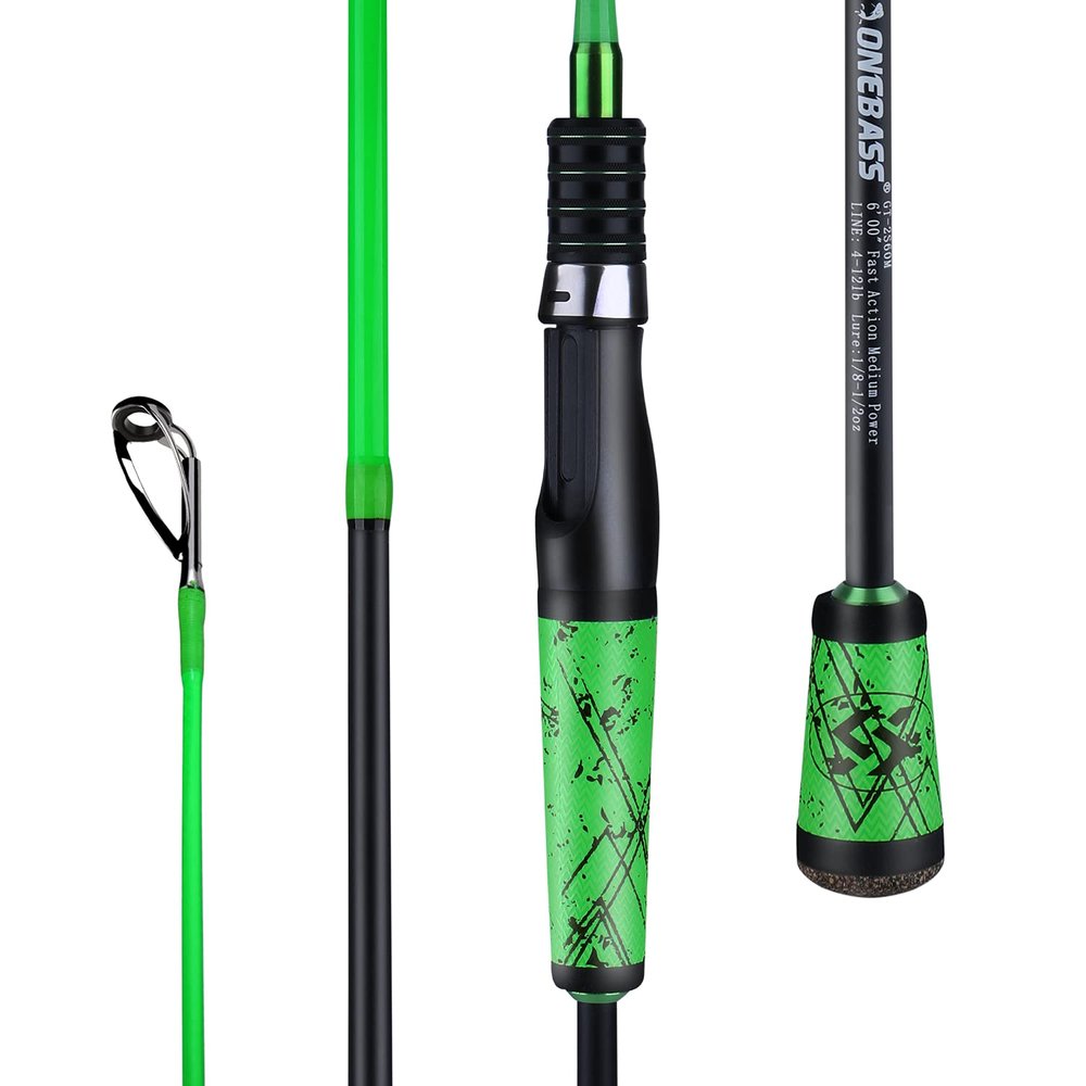 One Bass Fishing Pole 24 Ton Carbon Fiber Casting and Spinning Rods - Two Pieces, SuperPolymer Handle Fishing Rod for Bass Fishing -Green-Spin-6'6"
