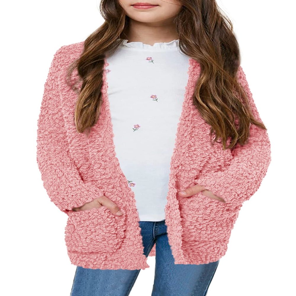 CNJFJ Girls Kids Casual Cardigans Sweaters Open Front Knitted Sweater Outwears with Pockets Pink