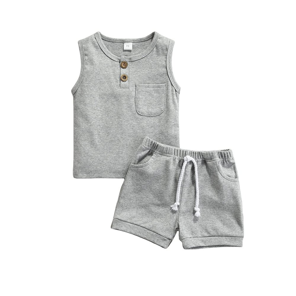 Ledy Champswiin Toddler Boy Summer Clothes Solid Outfit Button Cotton Tops Pocket Drawstring Shorts 2pcs (Pocket Grey, 2-3T)