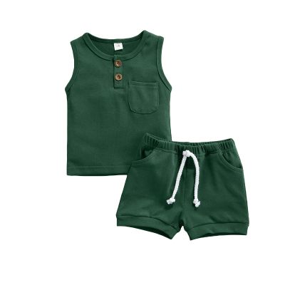 Ledy Champswiin Toddler Boy Summer Clothes Solid Outfit Button Cotton Tops Pocket Drawstring Shorts 2pcs (Pocket Green, 2-3T)