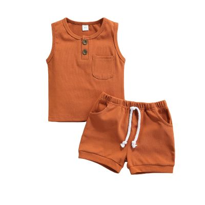 Ledy Champswiin Infant Baby Boy Summer Clothes Solid Outfit Button Cotton Tops Pocket Drawstring Shorts 2pcs (Pocket Brown, 0-6 Months)