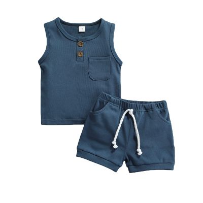 Ledy Champswiin Toddler Boy Summer Clothes Solid Outfit Button Cotton Tops Pocket Drawstring Shorts 2pcs (Pocket Blue, 2-3T)