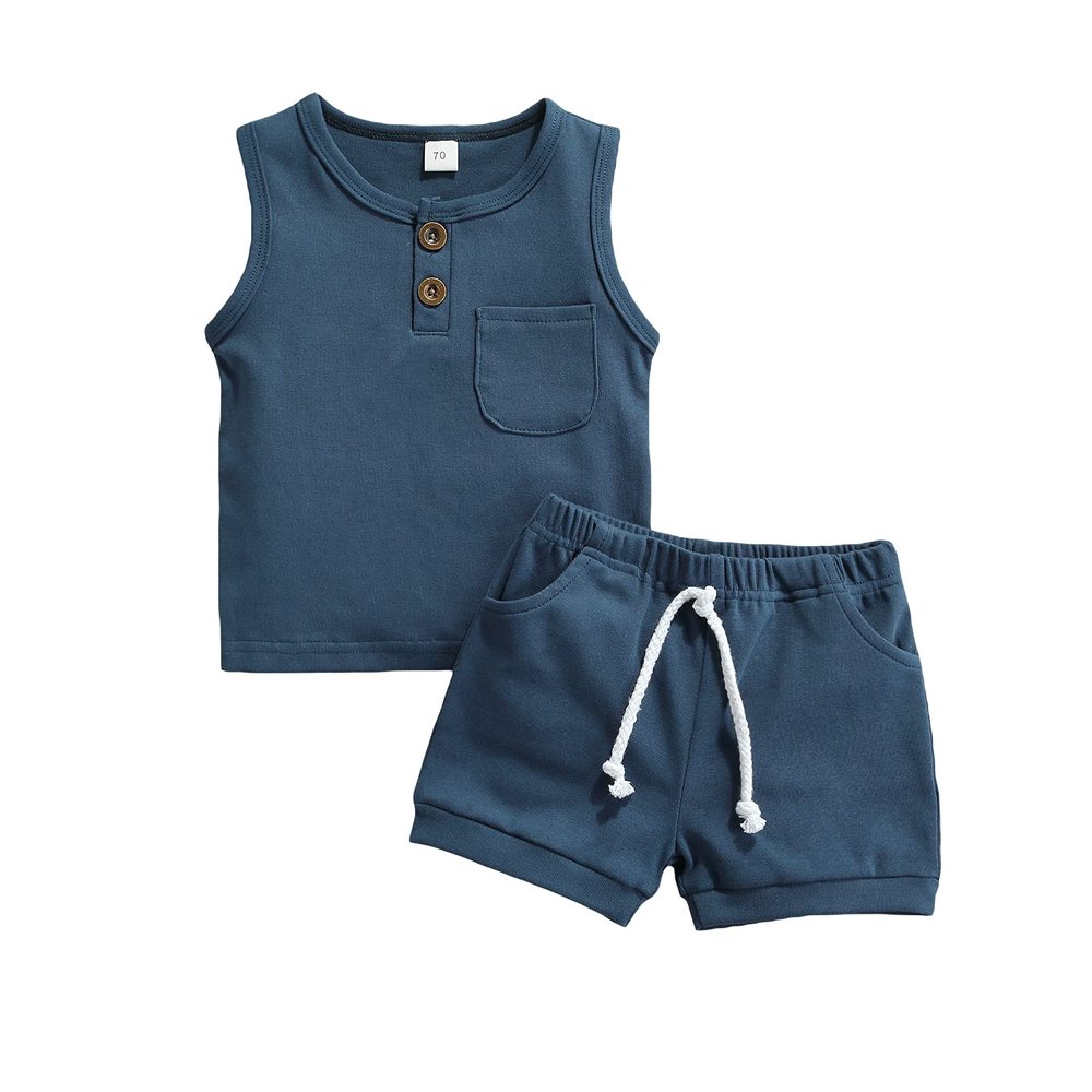 Ledy Champswiin Infant Baby Boy Summer Clothes Solid Outfit Button Cotton Tops Pocket Drawstring Shorts 2pcs (Pocket Blue, 6-12 Months)