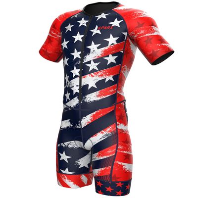 Sparx Mens Triathlon Suit - Aero Triathlon Suit Men - Short Sleeve Tri Suit Racesuit (2XL, US Flag)