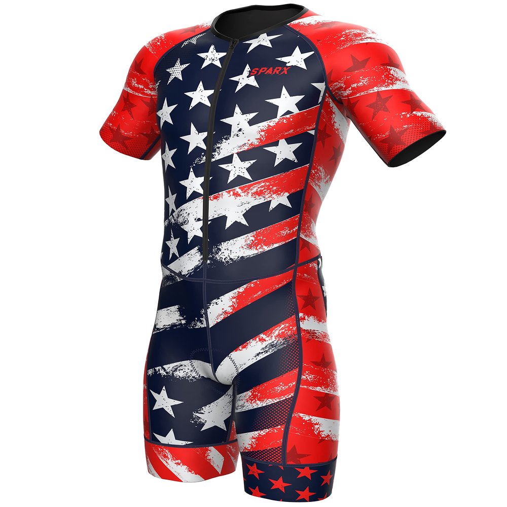Sparx Mens Triathlon Suit - Aero Triathlon Suit Men - Short Sleeve Tri Suit Racesuit (2XL, US Flag)
