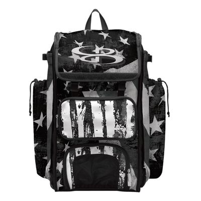 Boombah Catchers Superpack Bat Bag - 23-1/2" x 13-1/2" x 9-1/2" - USA Stars & Stripes Black Ops Black/White - Holds 4 Bats - Backpack Version (no Wheels)