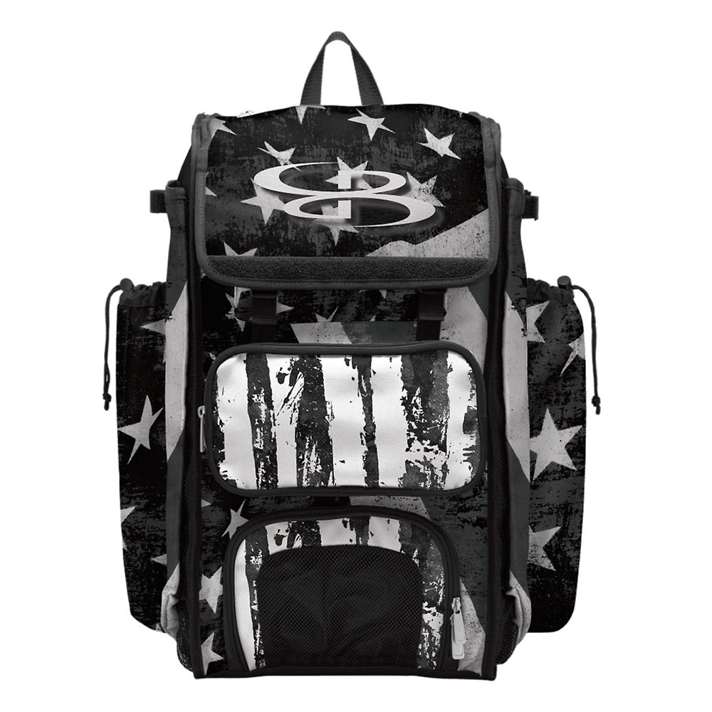 Boombah Catchers Superpack Bat Bag - 23-1/2" x 13-1/2" x 9-1/2" - USA Stars & Stripes Black Ops Black/White - Holds 4 Bats - Backpack Version (no Wheels)
