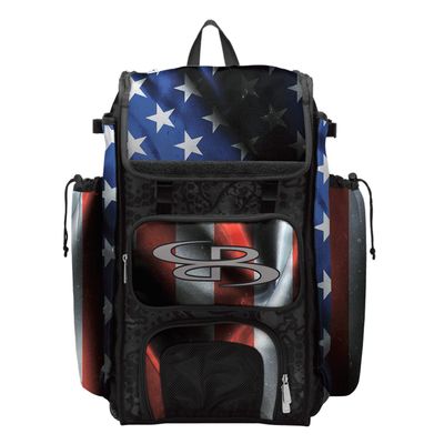 Boombah Catchers Superpack Bat Bag - 23-1/2" x 13-1/2" x 9-1/2" - USA Black Ops Black/Royal Blue/Red - Holds 4 Bats - Backpack Version (no Wheels)