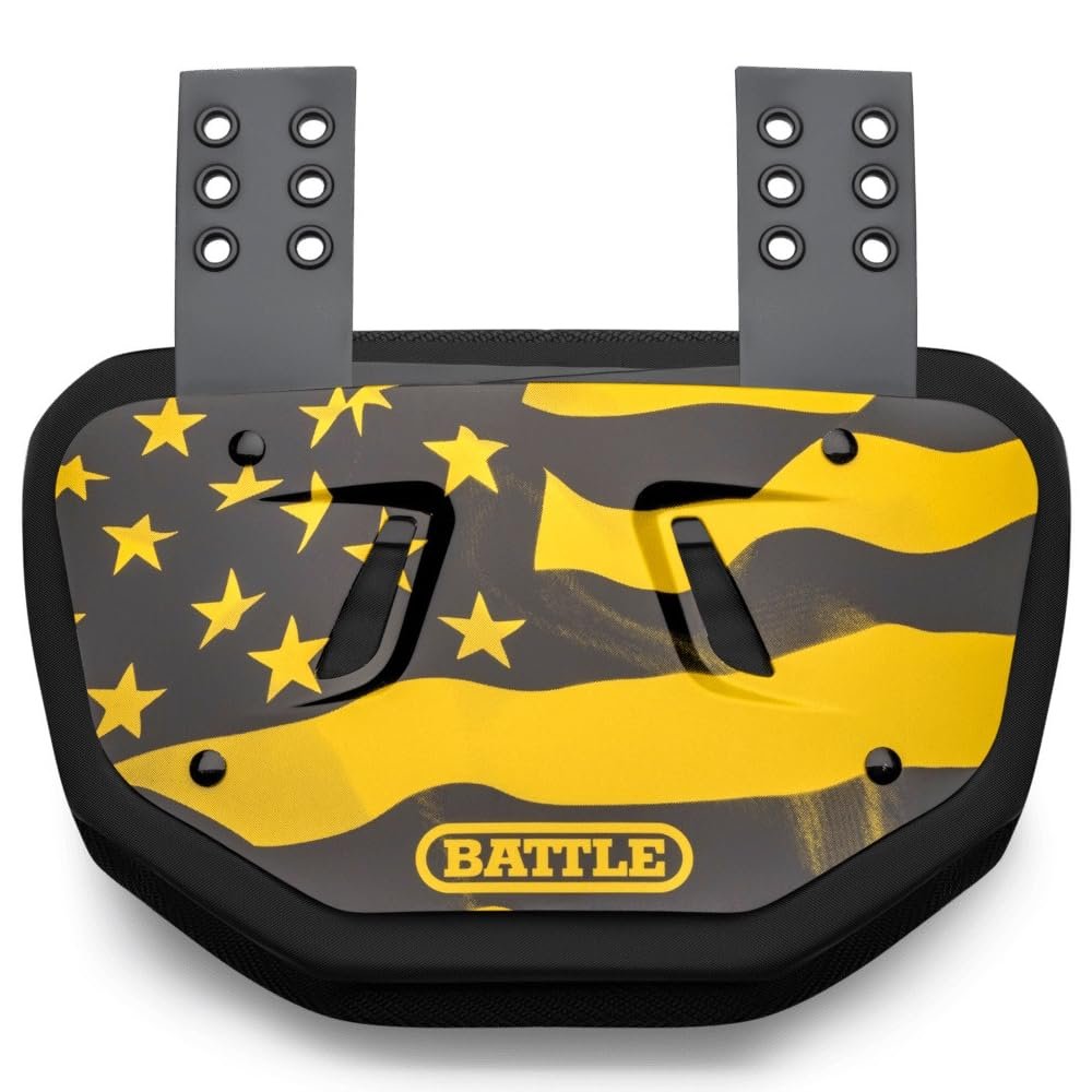 Battle Sports Novelty Football Back Plate Hard Shell Lower Back Protector with Contoured Foam for High-Impact Protection - Adult, American Flag Gold/Black