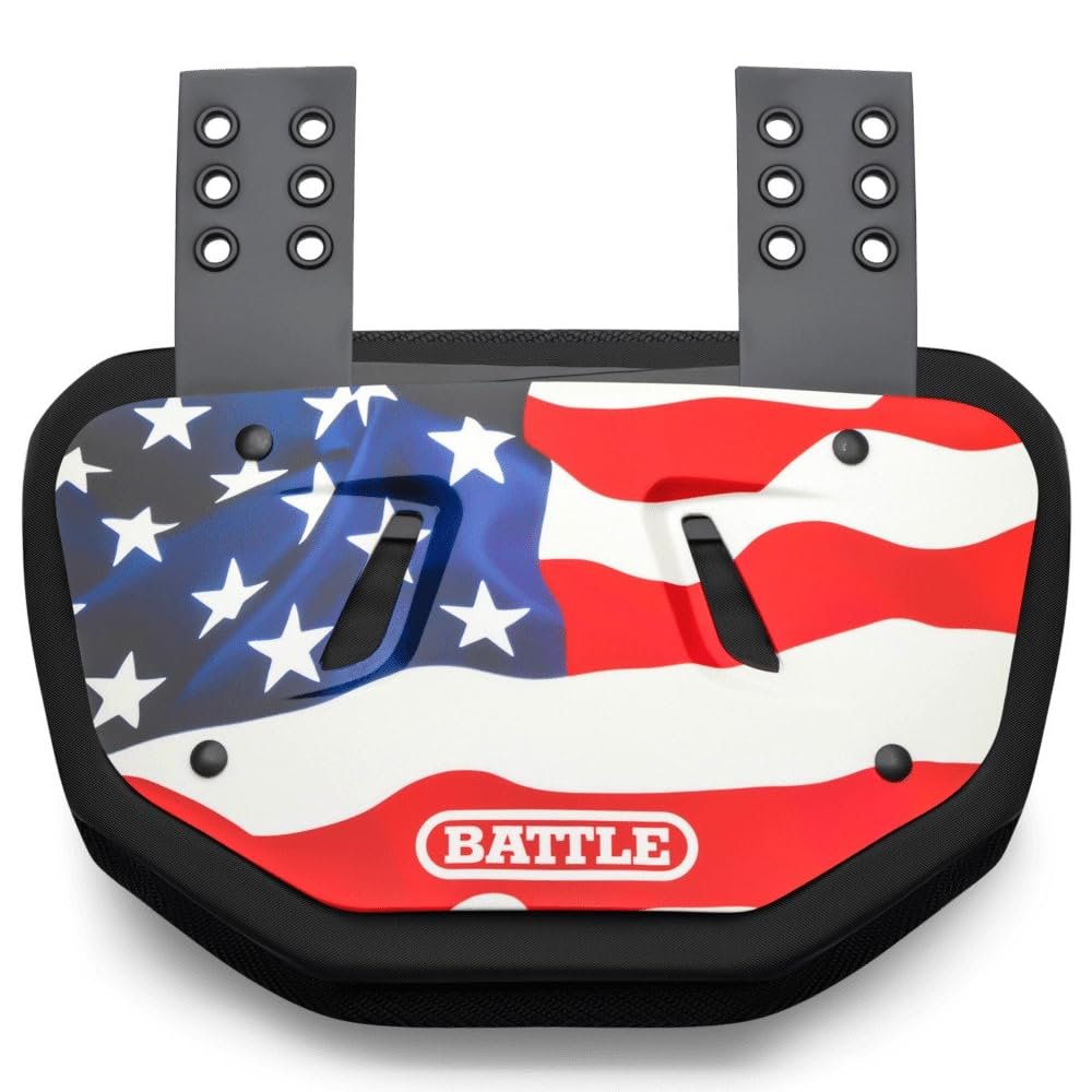Battle Sports Novelty Football Back Plate Hard Shell Lower Back Protector with Contoured Foam for High-Impact Protection - Adult, American Flag Red/White/Blue