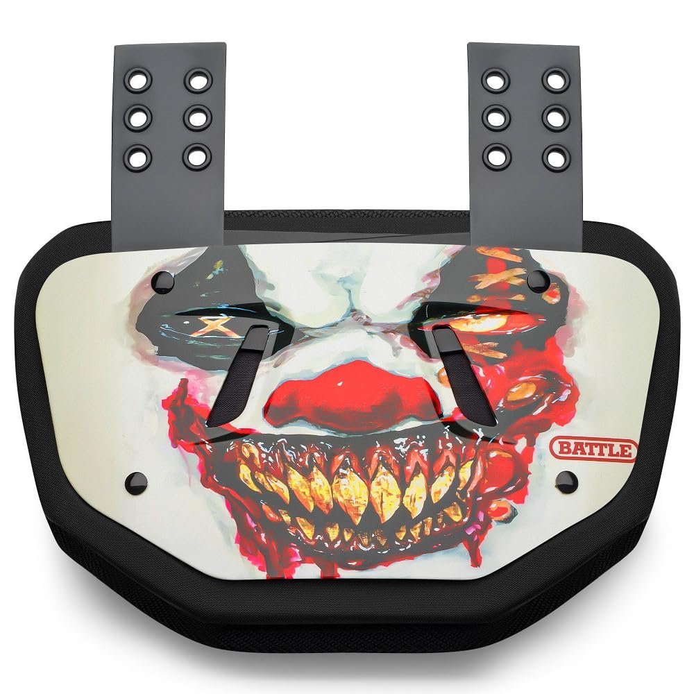 Battle Sports Novelty Football Back Plate Hard Shell Lower Back Protector with Contoured Foam for High-Impact Protection - Adult, Krazy Klown, White