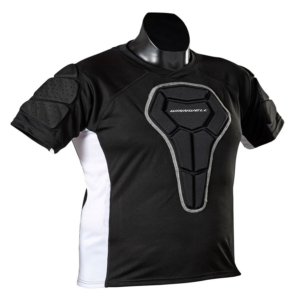 Winnwell Mens Padded Compression Shirt - Sports Under Shirt for Football, Hockey, Baseball & Paintball - Protective Shirt with Chest & Shoulder Padding (Senior) Black