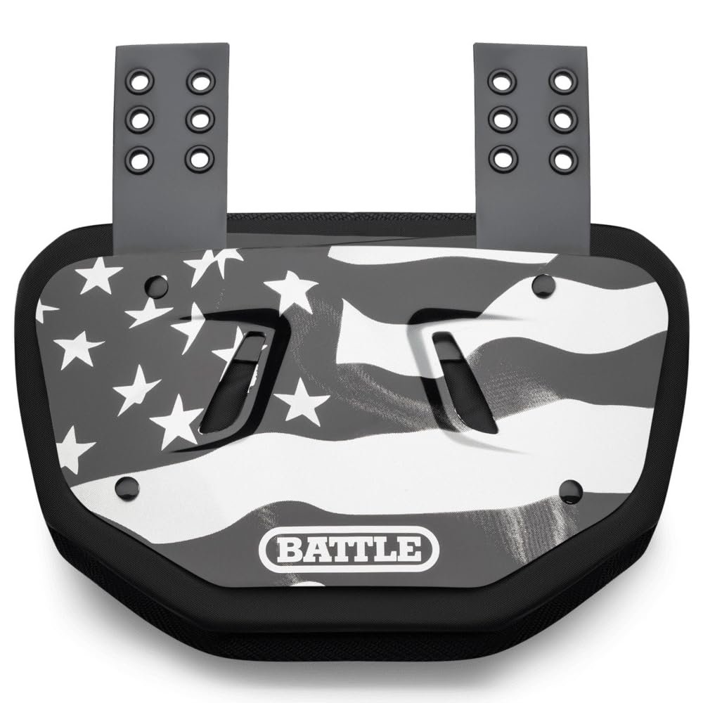 Battle Sports Novelty Football Back Plate Hard Shell Lower Back Protector with Contoured Foam for High-Impact Protection - Youth, American Flag Silver/Black