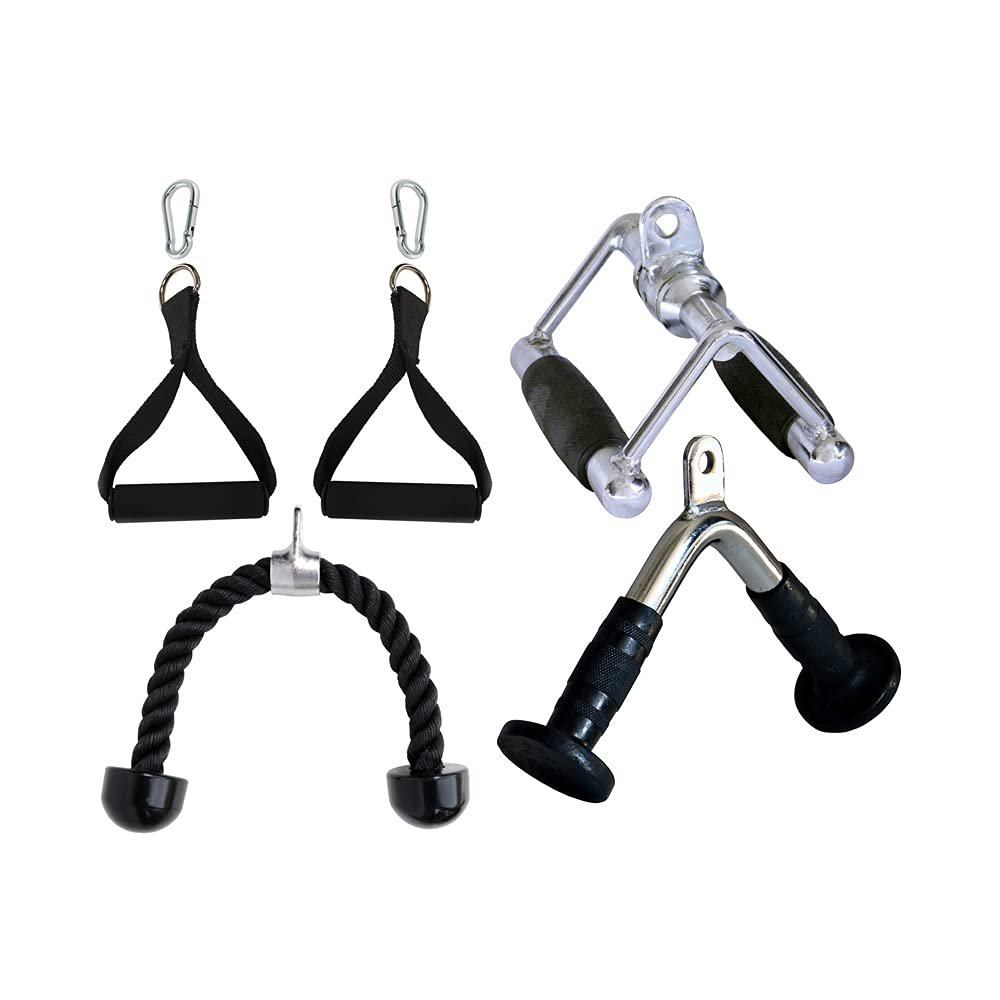 Ader Gym Cable Attachments- Double D Row Handle w/Rubber Grips, V Shaped Bar, Double Tricep Rope & Nylon Cable Handles- Cable Machine Accessories Attachment for Home Gym Weight Fitness