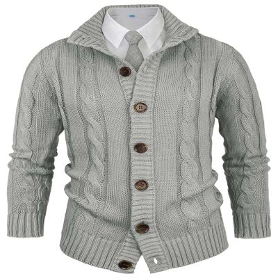 Aimeilgot Mens Fashion Casual Slim Fit Button Down Cable Knitted Stand Collar Cardigan Sweater(Light Gray,Medium)