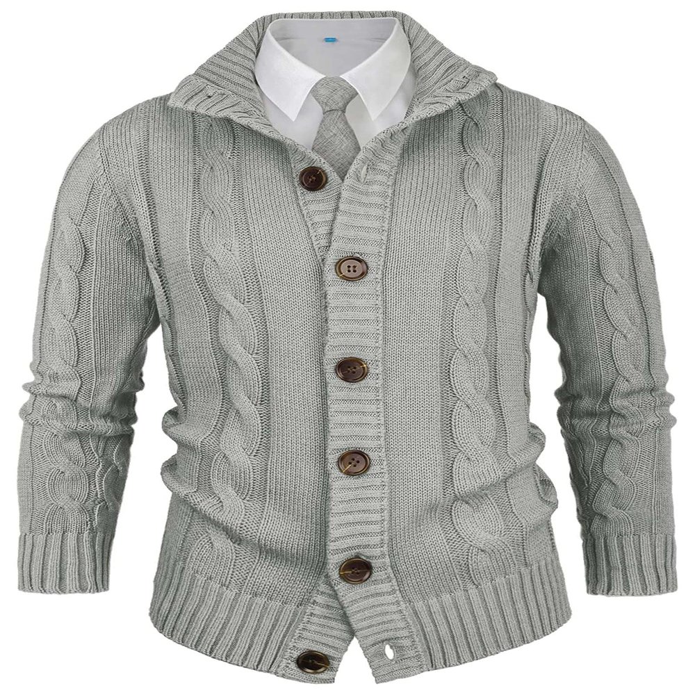 Aimeilgot Mens Fashion Casual Slim Fit Button Down Cable Knitted Stand Collar Cardigan Sweater(Light Gray,Medium)